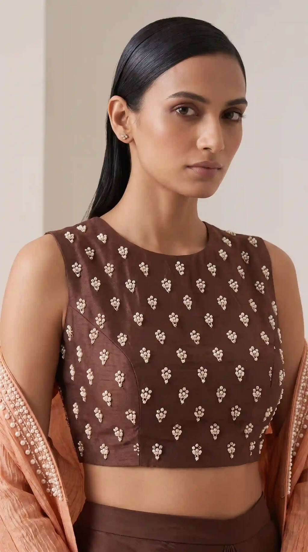 Mukta floral pearl work blouse — close-up