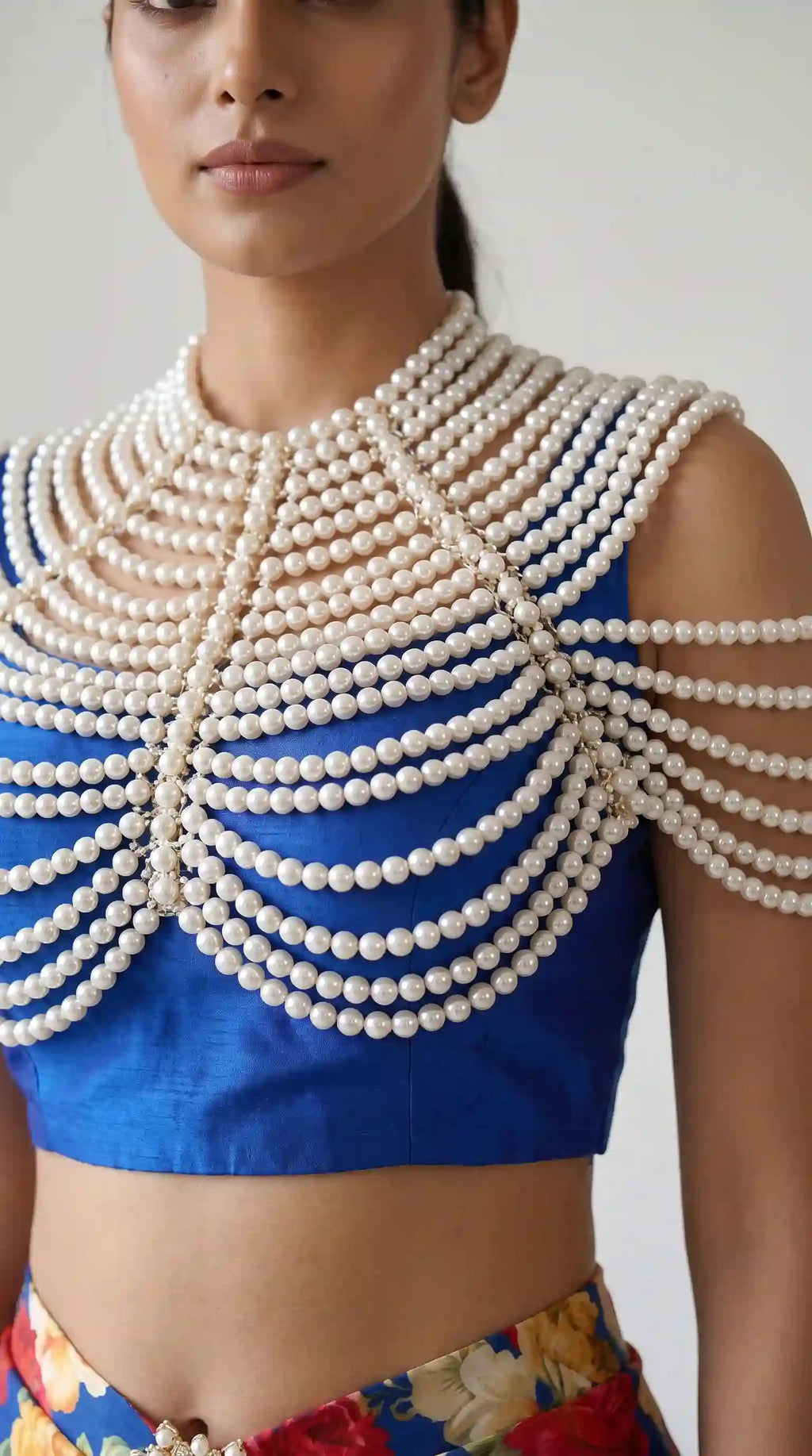 GULMEHR — Blue Floral Draped Skirt & Pearl Cape Set
