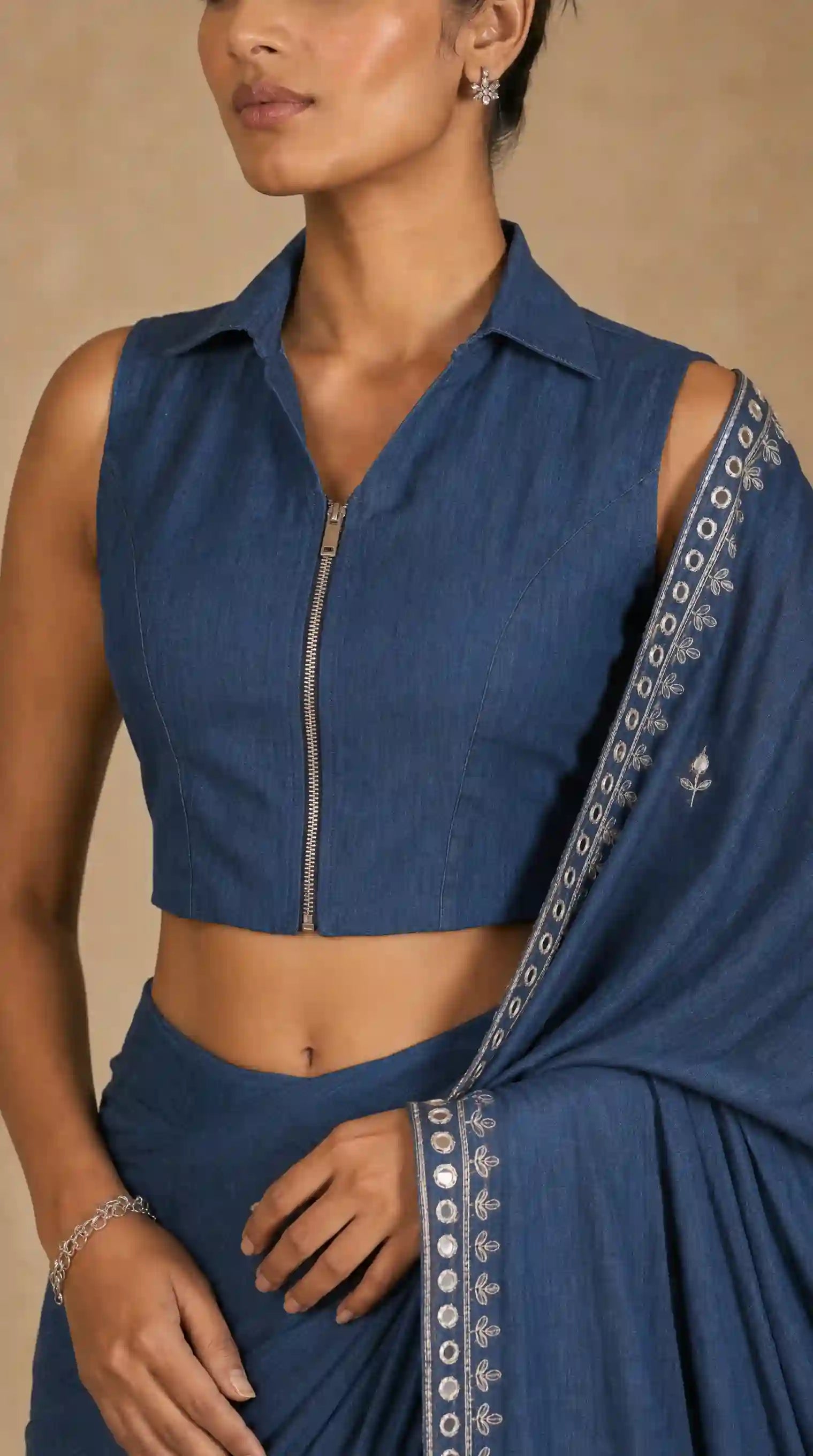 Denim Mirror Work Saree with Blouse