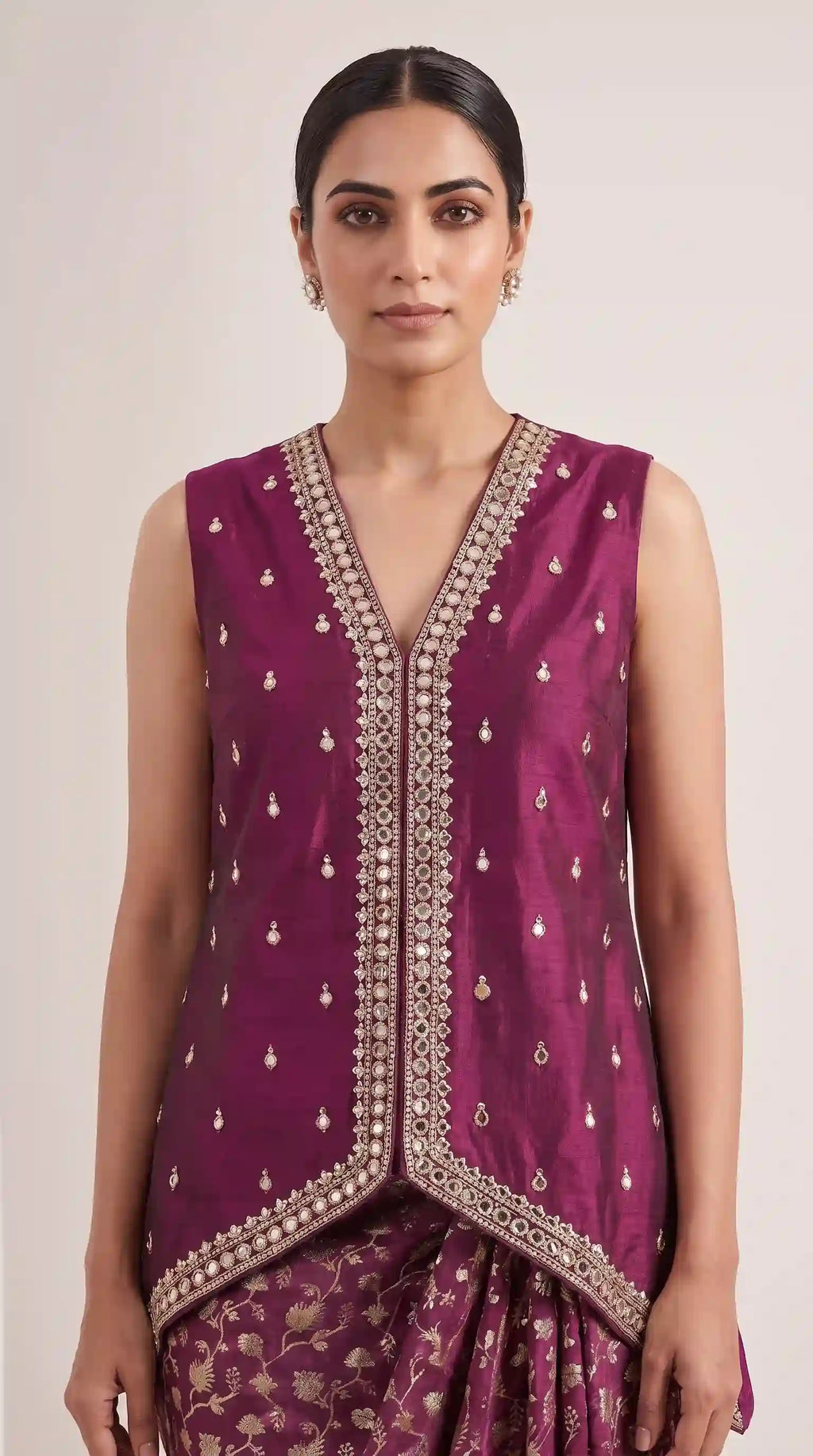 AVIRA — Plum Mirror Work Koti & Brocade Draped Skirt Set