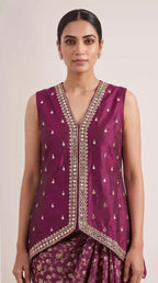 AVIRA — Plum Mirror Work Koti & Brocade Draped Skirt Set — thumbnail 2