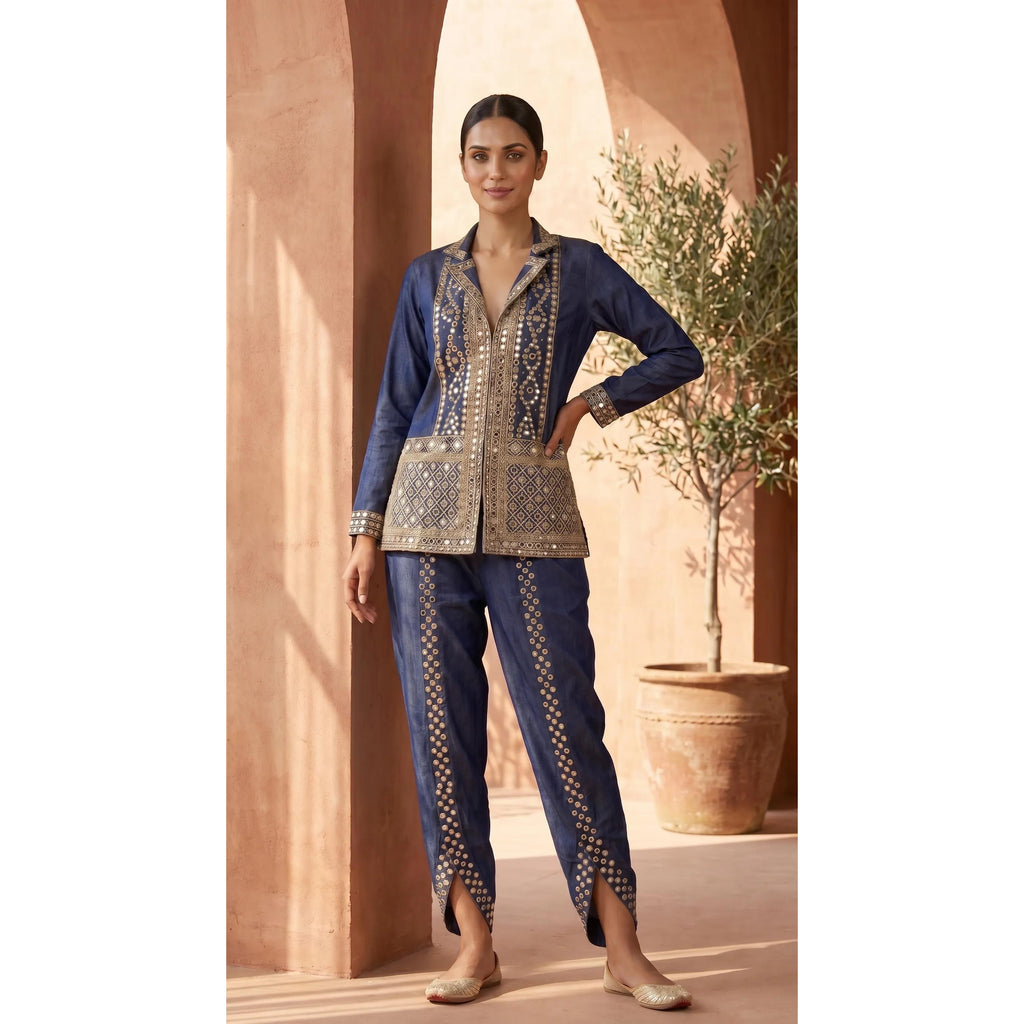 Blue Denim Jacket-Dhoti Set