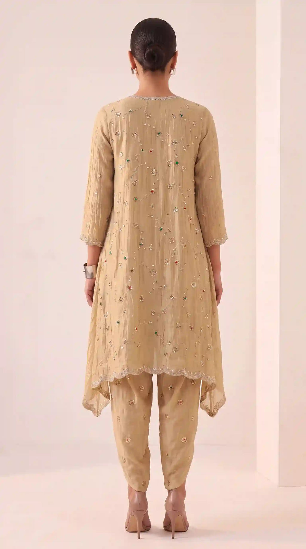 IRAAYA — Champagne Gold Crushed Tissue Silk Kurta & Tulip Dhoti Set