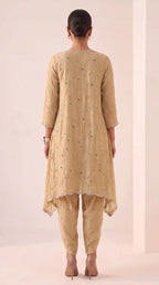 IRAAYA — Champagne Gold Crushed Tissue Silk Kurta & Tulip Dhoti Set — thumbnail 3
