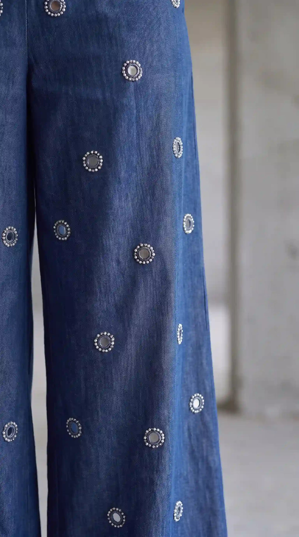 Blue Denim Mirror-Pearl Work Crop Shirt-Pant Set