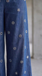 Blue Denim Mirror-Pearl Work Crop Shirt-Pant Set