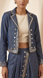 Blue Denim Jacket-Dhoti and Crop top Set