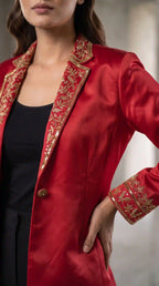 Red Modal Silk Zardosi Work Blazer featuring zardosi hand embroidery
