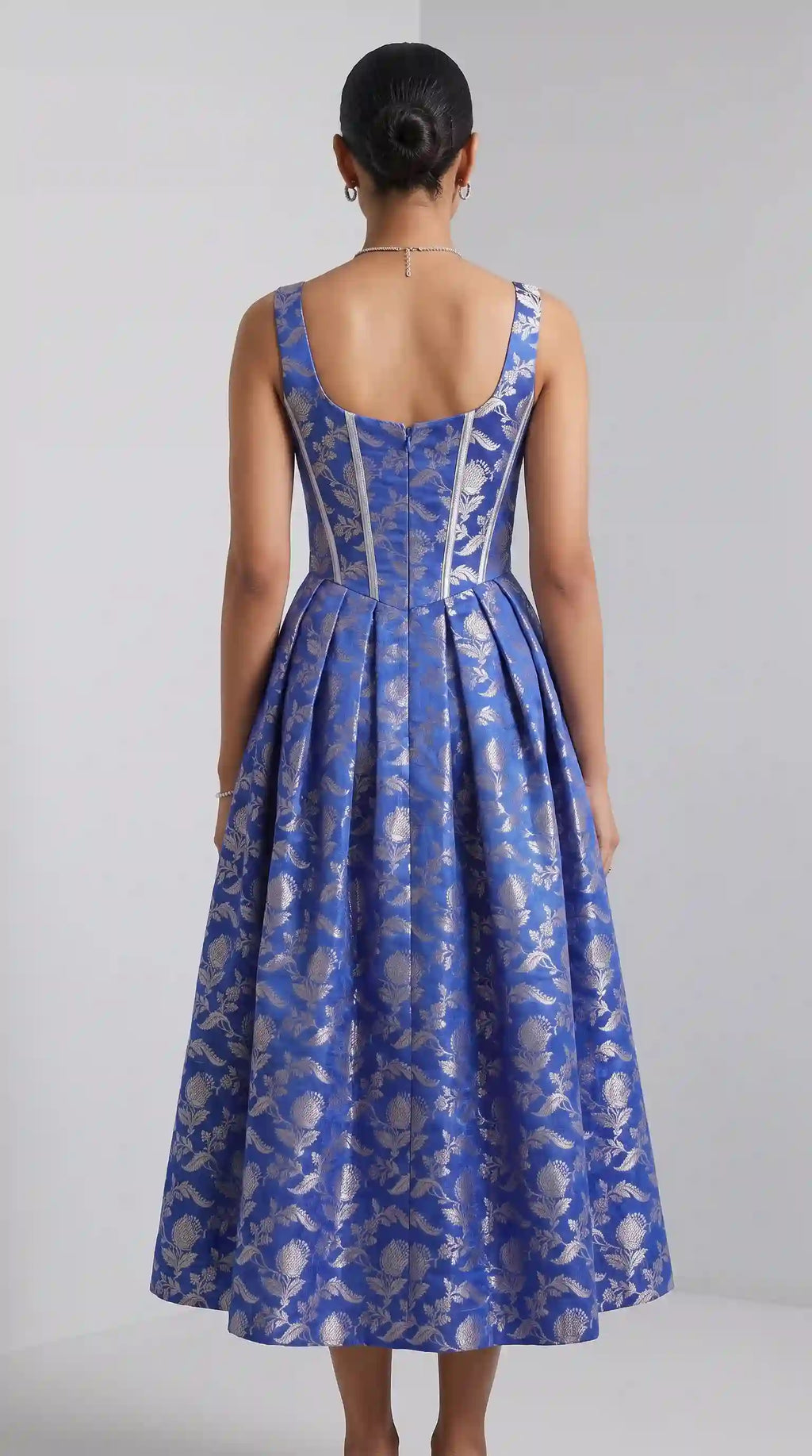 Royal Blue Chanderi Brocade Corset Midi Dress