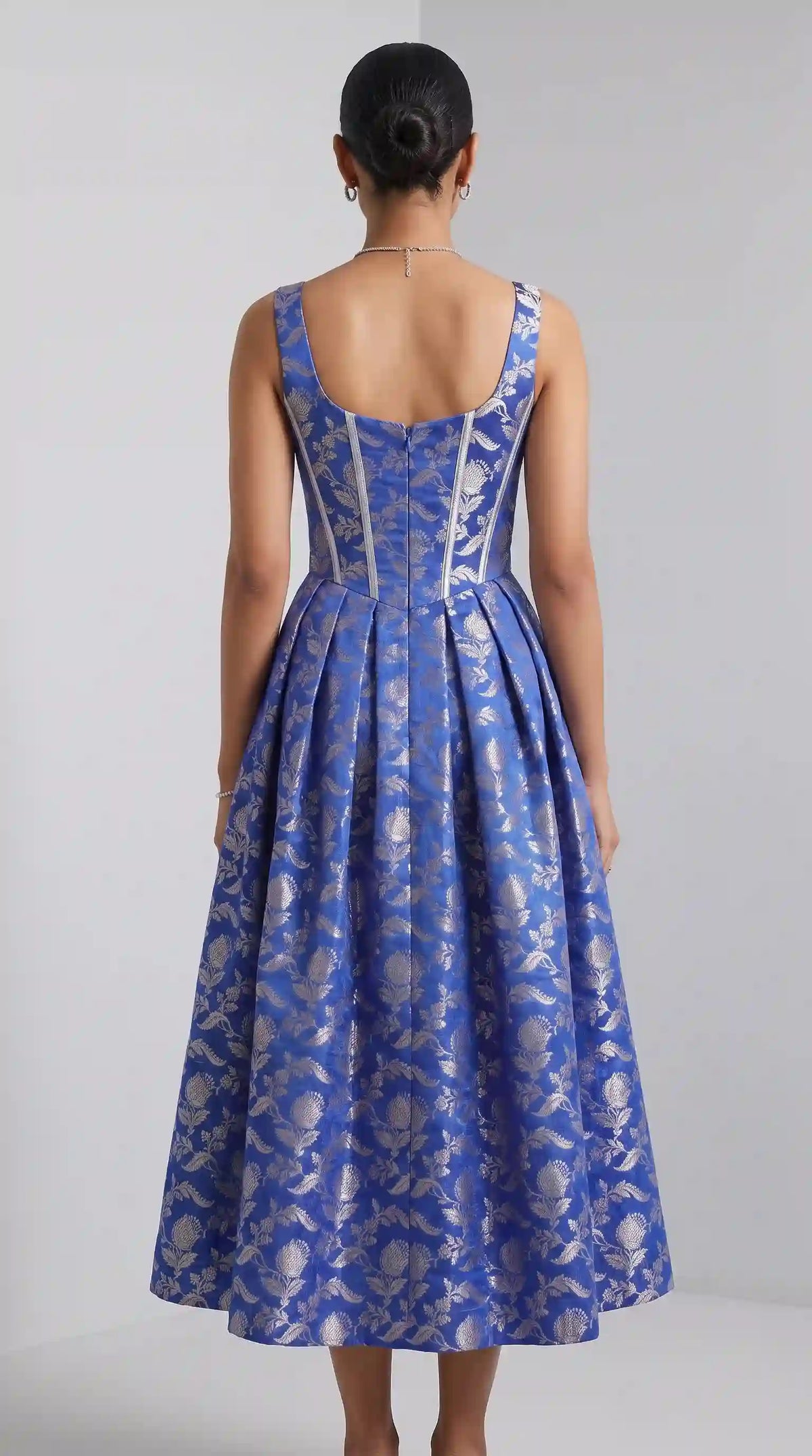 Royal Blue Chanderi Brocade Corset Midi Dress