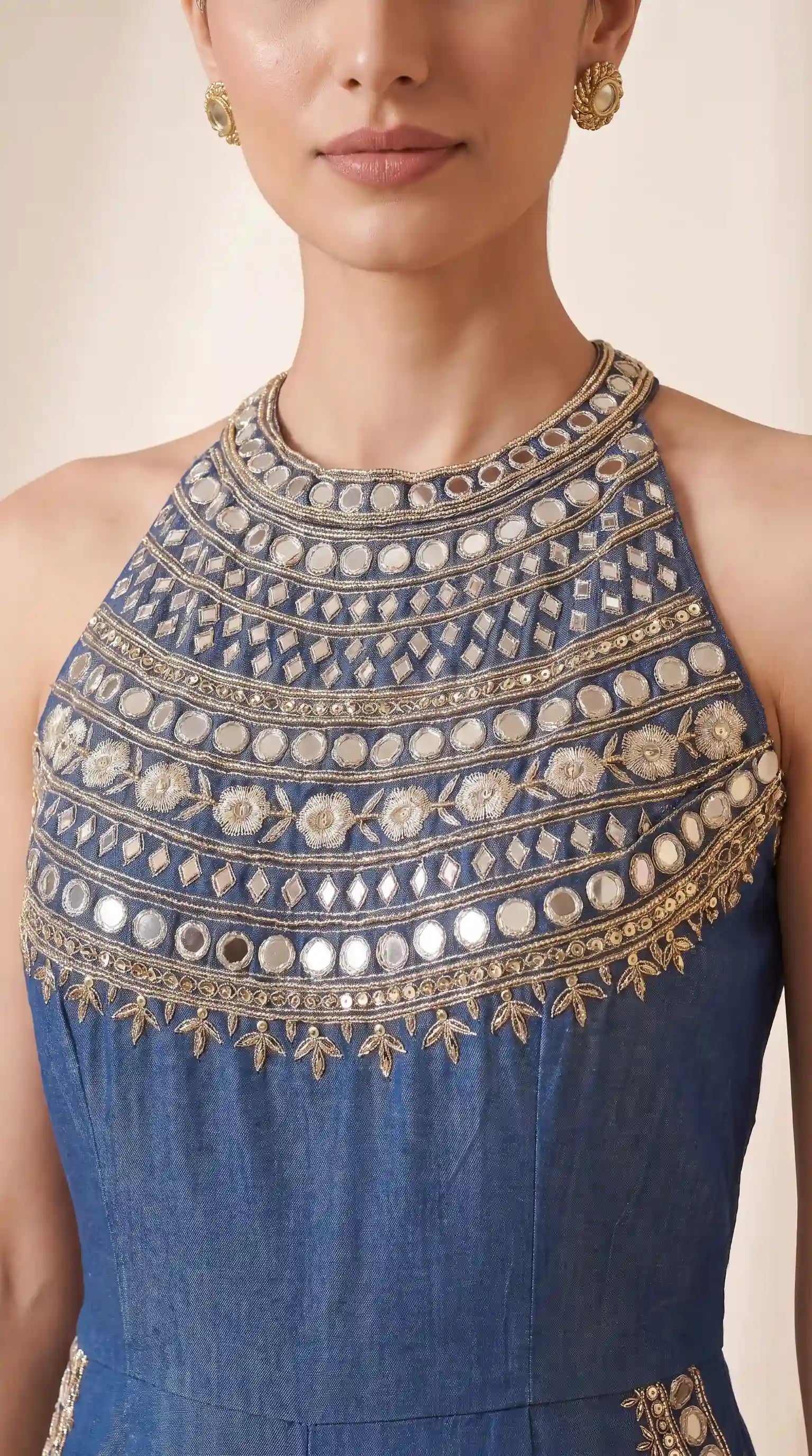 Blue Denim Jumpsuit with Mirror Work (Dull Gold)