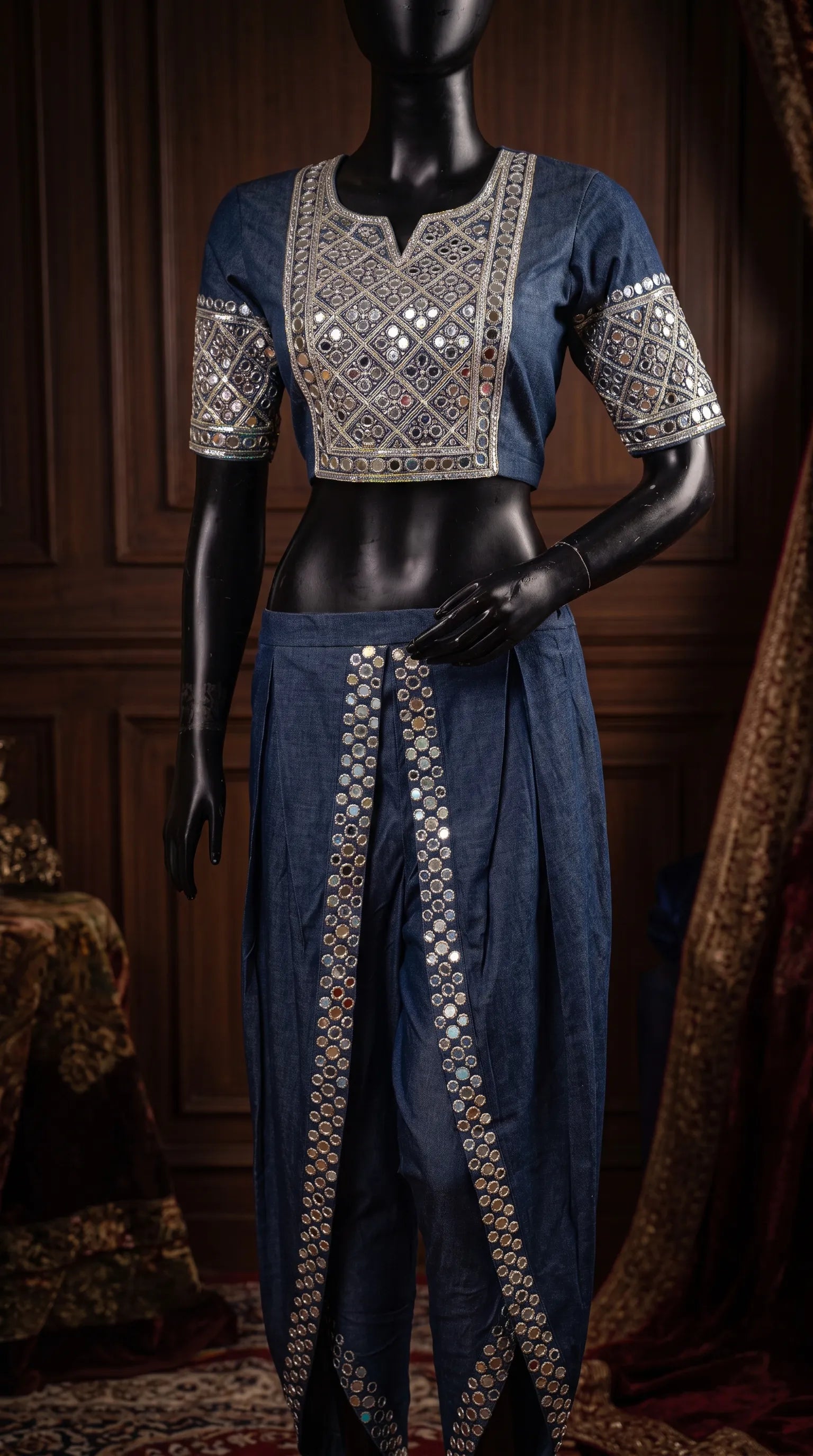 Blue Denim Crop top Dhoti Set