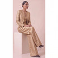 KANIRA — Beige Katan Silk Brocade Jacket, Crop Top & Pant Set