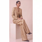 KANIRA — Beige Katan Silk Brocade Jacket, Crop Top & Pant Set — thumbnail 1