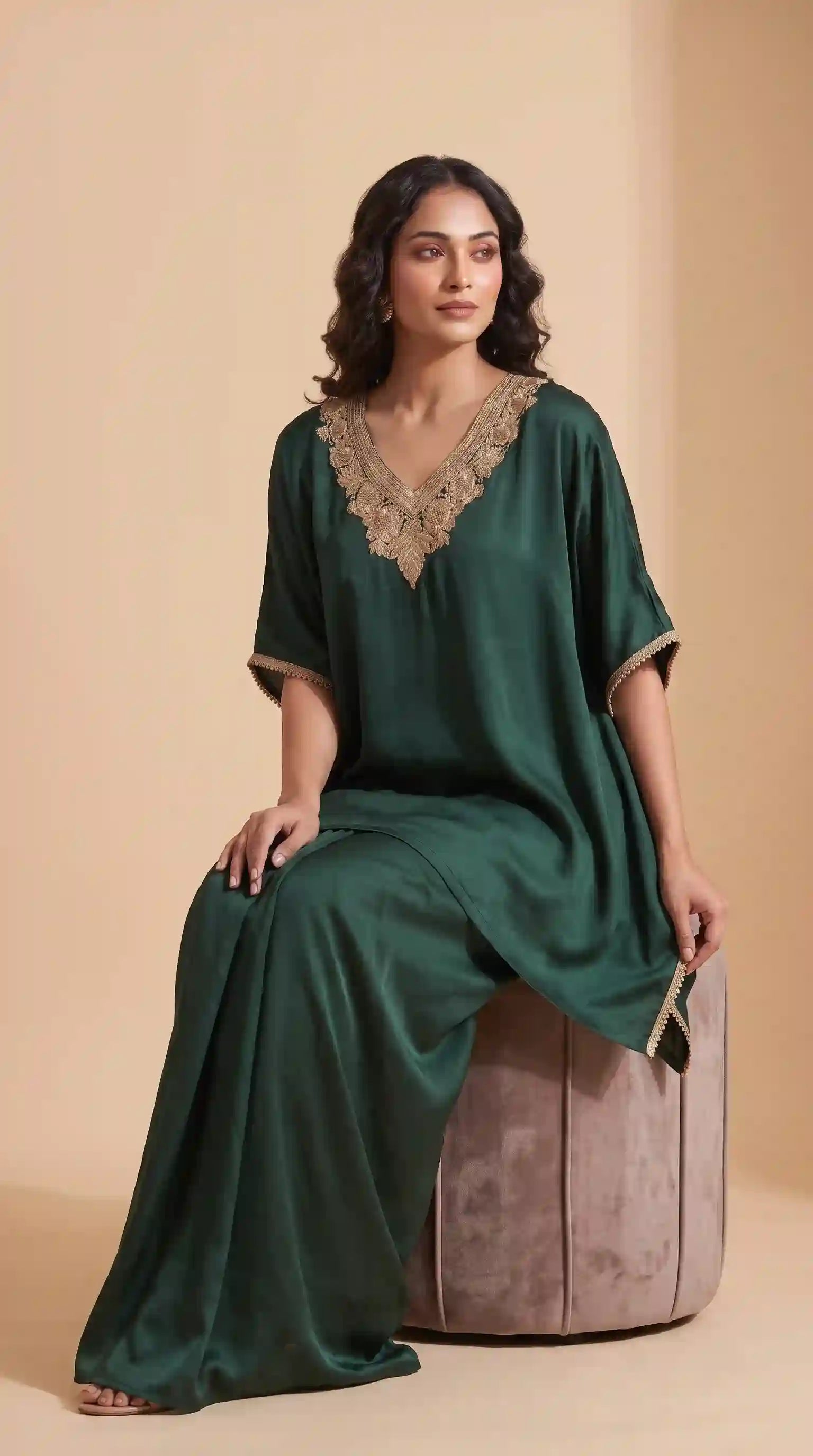 LAVANYA — Modal Silk Zardosi Kaftan & Draped Skirt Set (Green) featuring zardosi hand embroidery