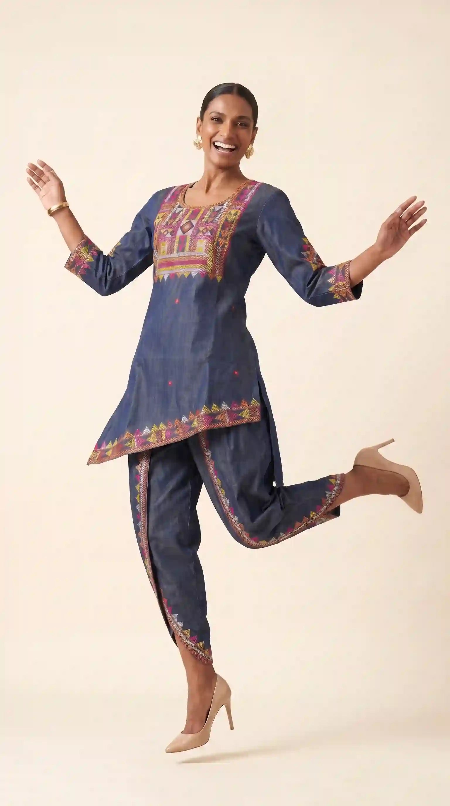 Blue Denim Lambani Tunic-Dhoti Set