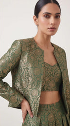 KANIRA — Green Katan Silk Brocade Jacket, Crop Top & Pant Set — thumbnail 2