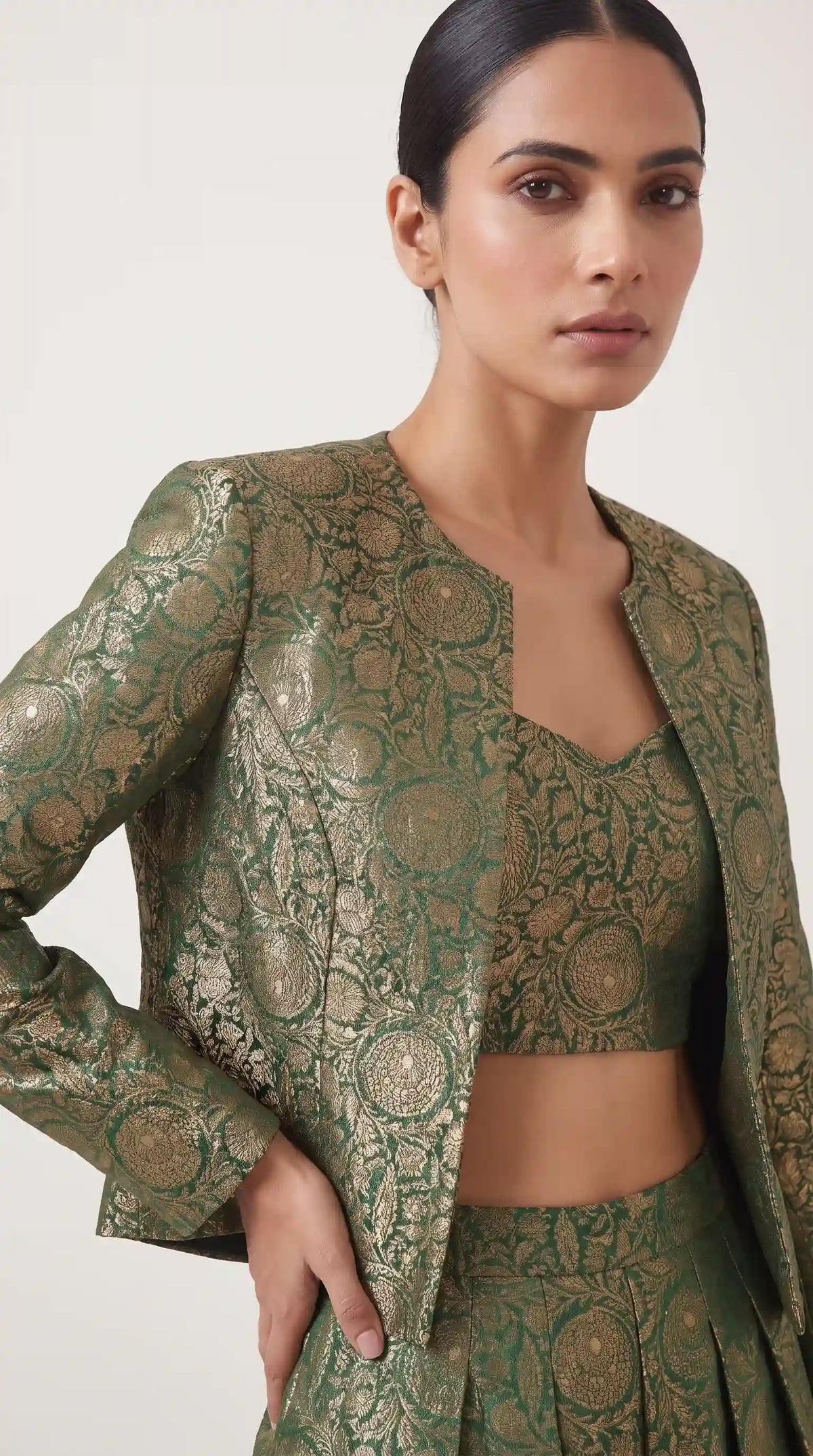 KANIRA — Green Katan Silk Brocade Jacket, Crop Top & Pant Set