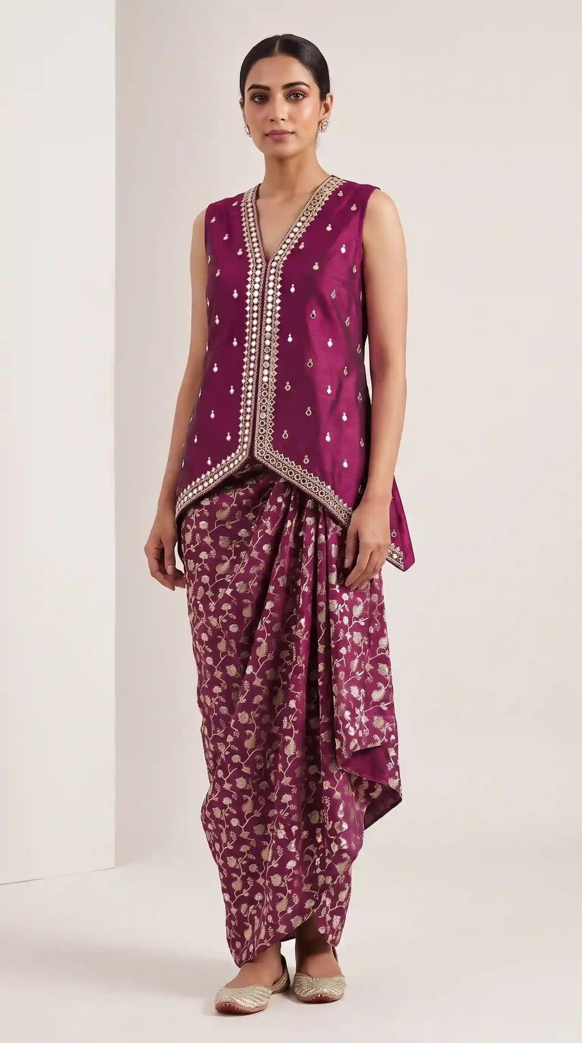 AVIRA — Plum Mirror Work Koti & Brocade Draped Skirt Set