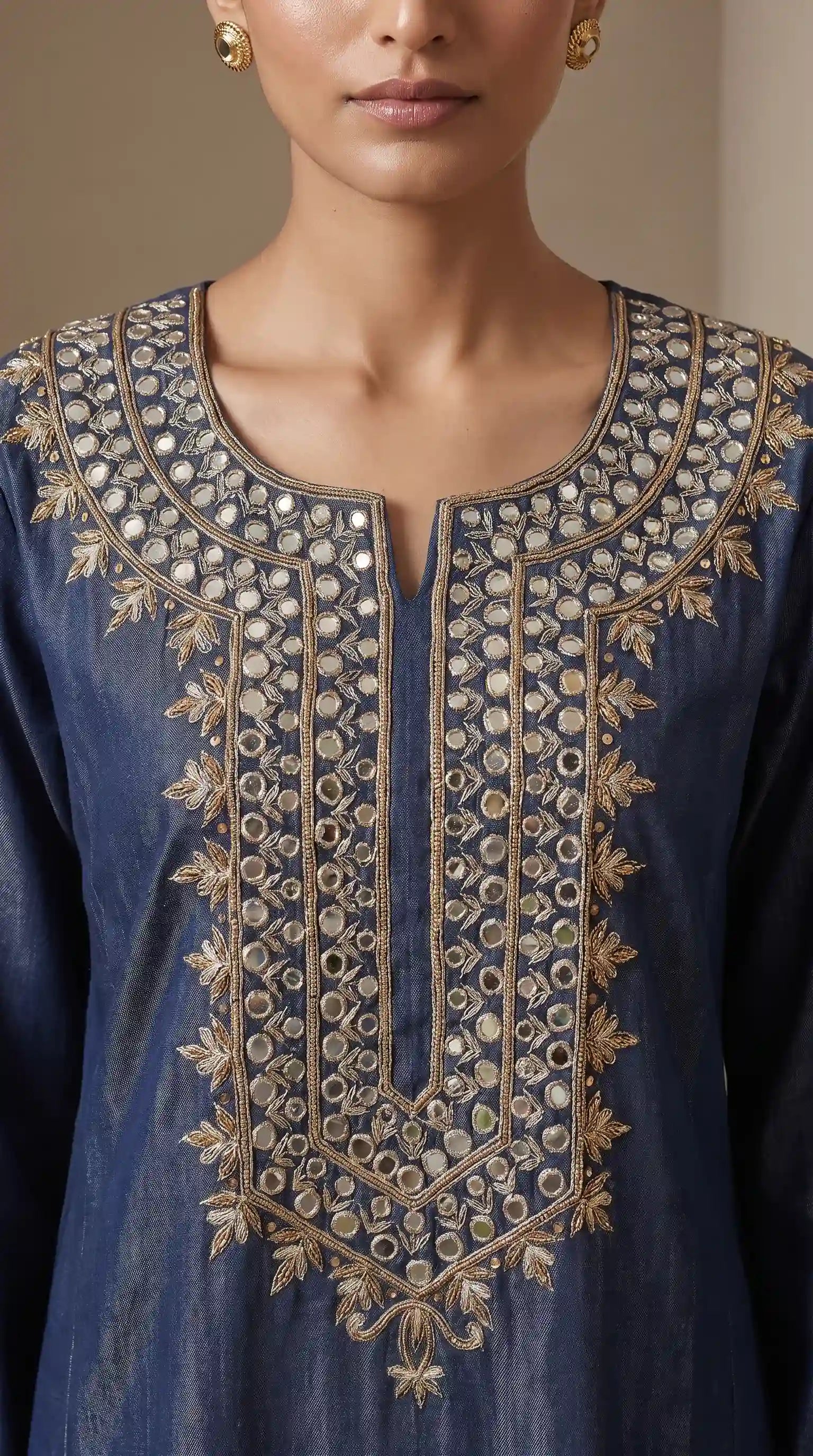 Denim Mirror Work Kaftan Dress