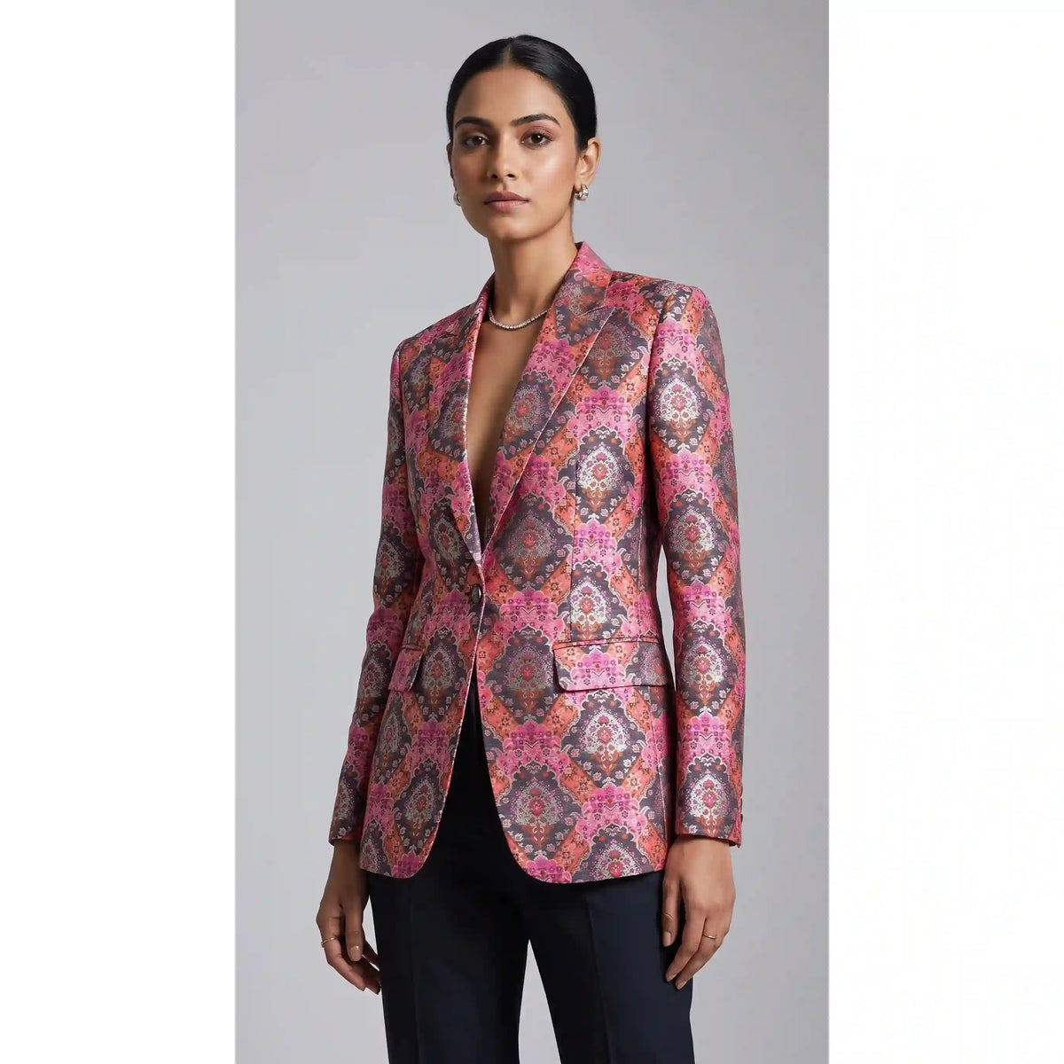 RANGKAT — Charcoal & Pink Banarasi Silk Brocade Blazer