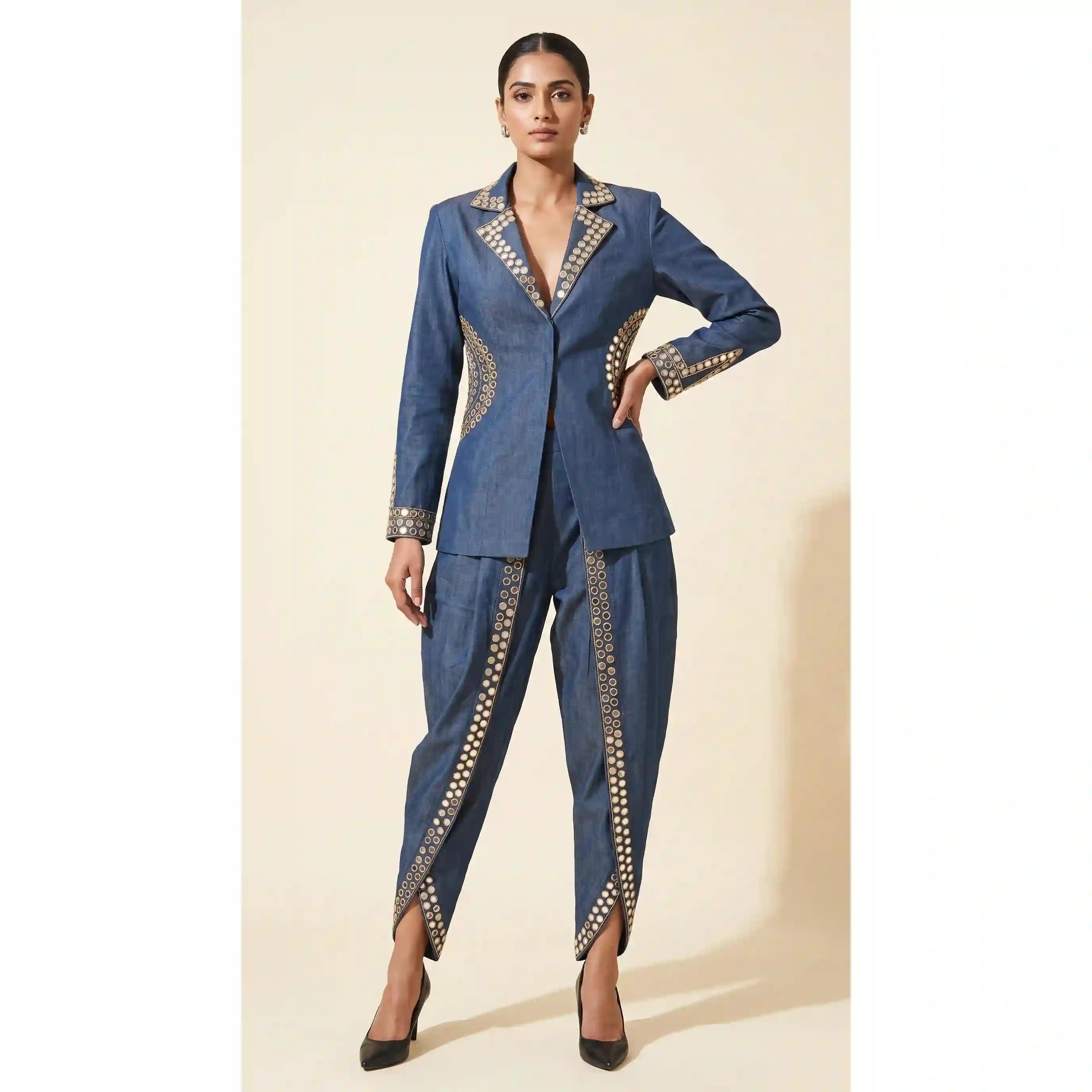Blue Denim Mirror Work Top & Dhoti Set
