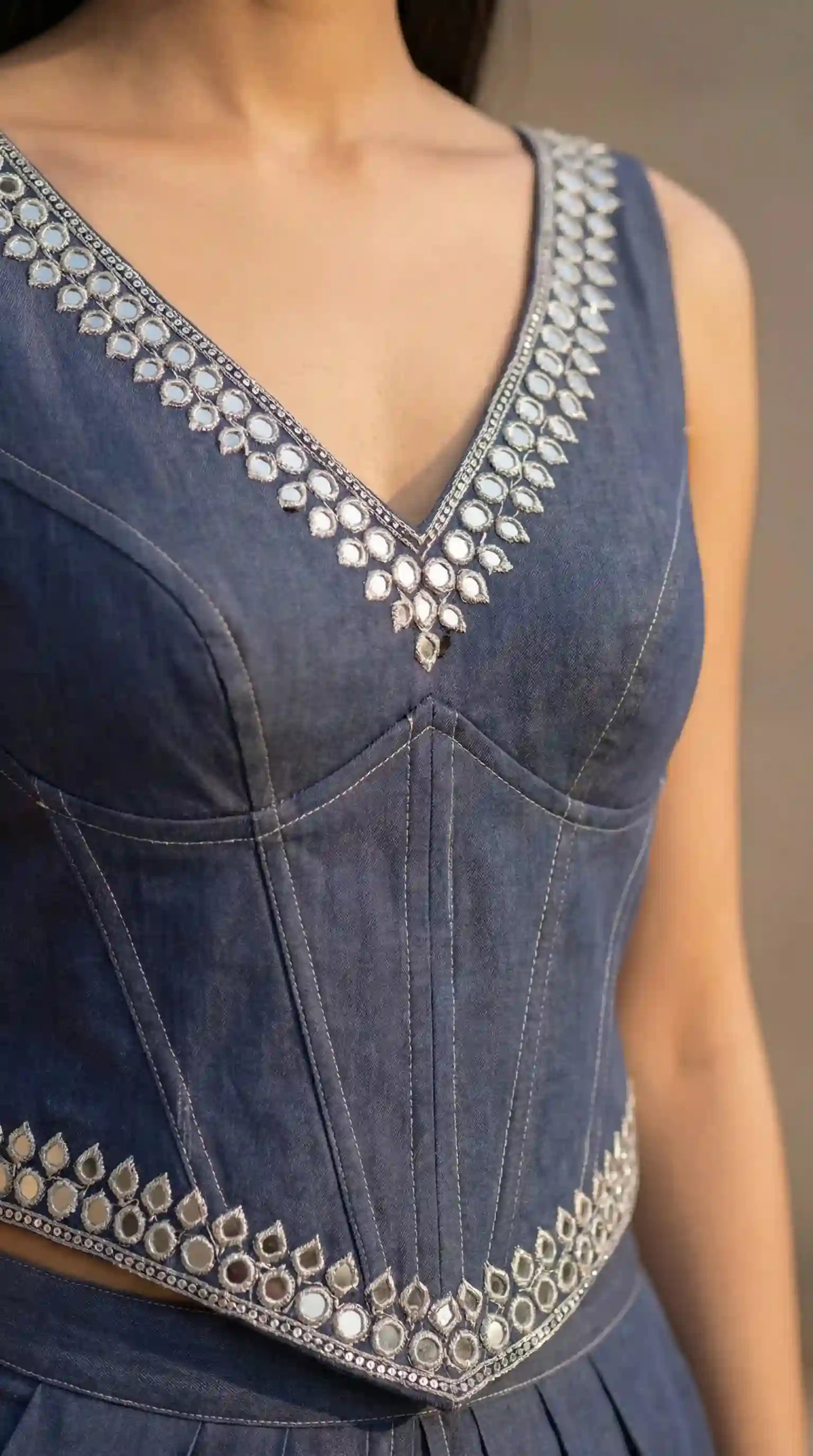 Blue Denim Corset-Dhoti Set