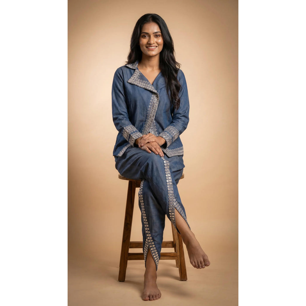 Blue Denim Top-Dhoti Set