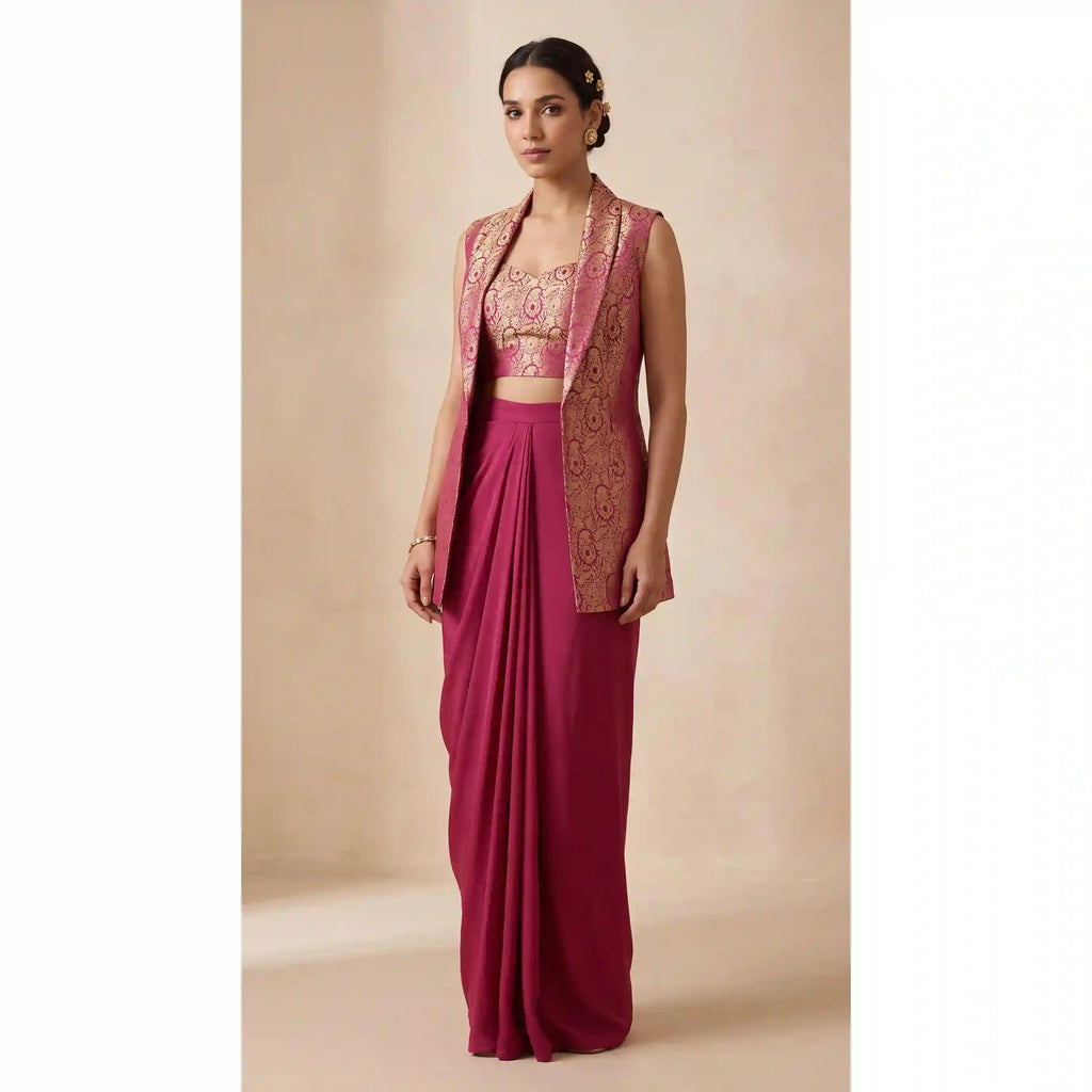 PANNA — Banarasi Satin Kimkhab Zardosi Blouse & Draped Skirt and Jacket Set (Pink) featuring zardosi hand embroidery with ban