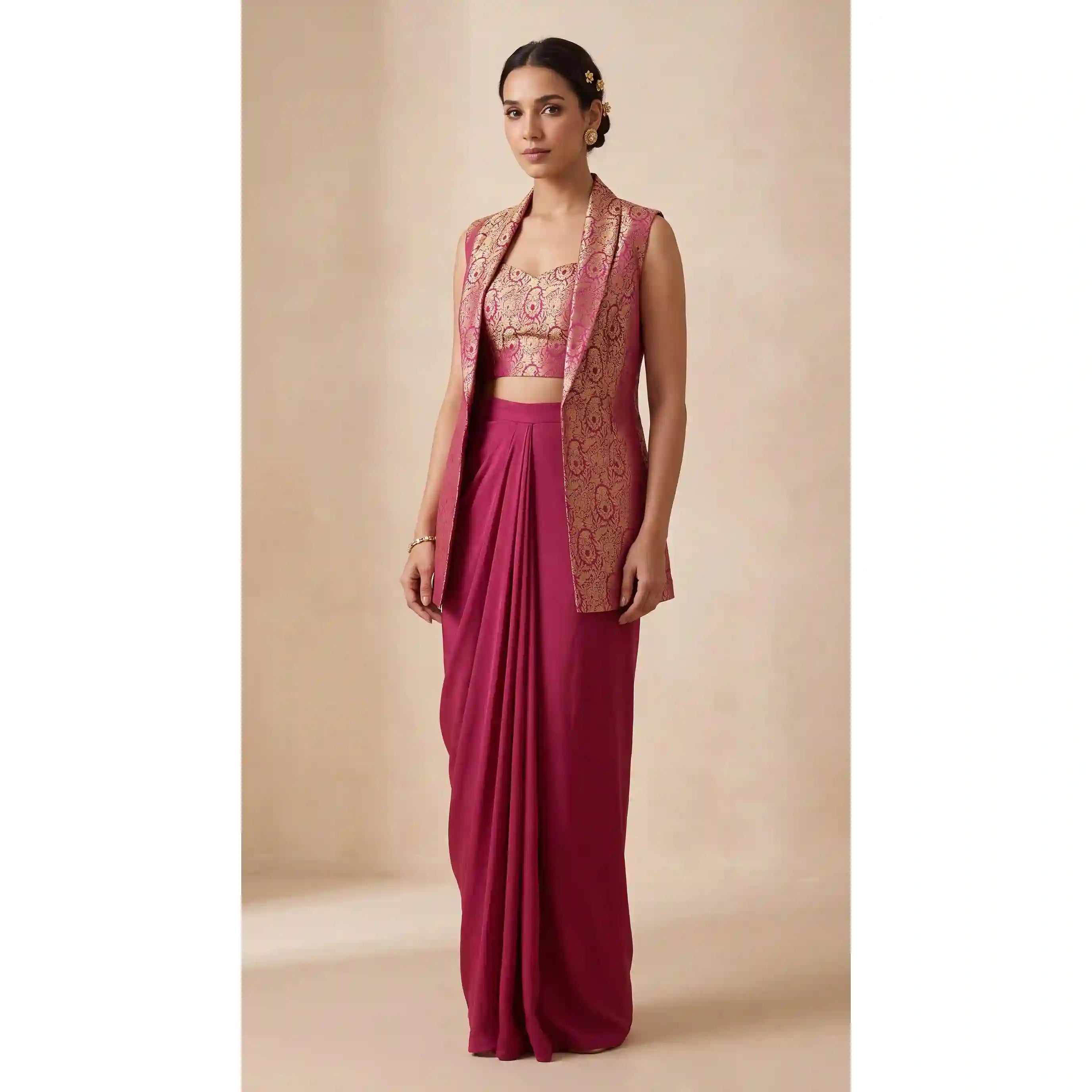 PANNA — Banarasi Satin Kimkhab Zardosi Blouse & Draped Skirt and Jacket Set (Pink) featuring zardosi hand embroidery with ban