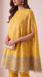 RANGIRA — Yellow Bandhani Print Cape Top & Modal Silk Pant Set — thumbnail 2