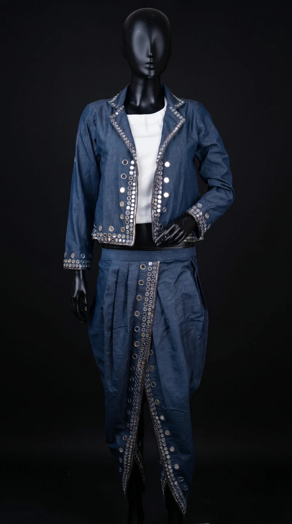 Blue Denim Jacket-Dhoti and Crop top Set