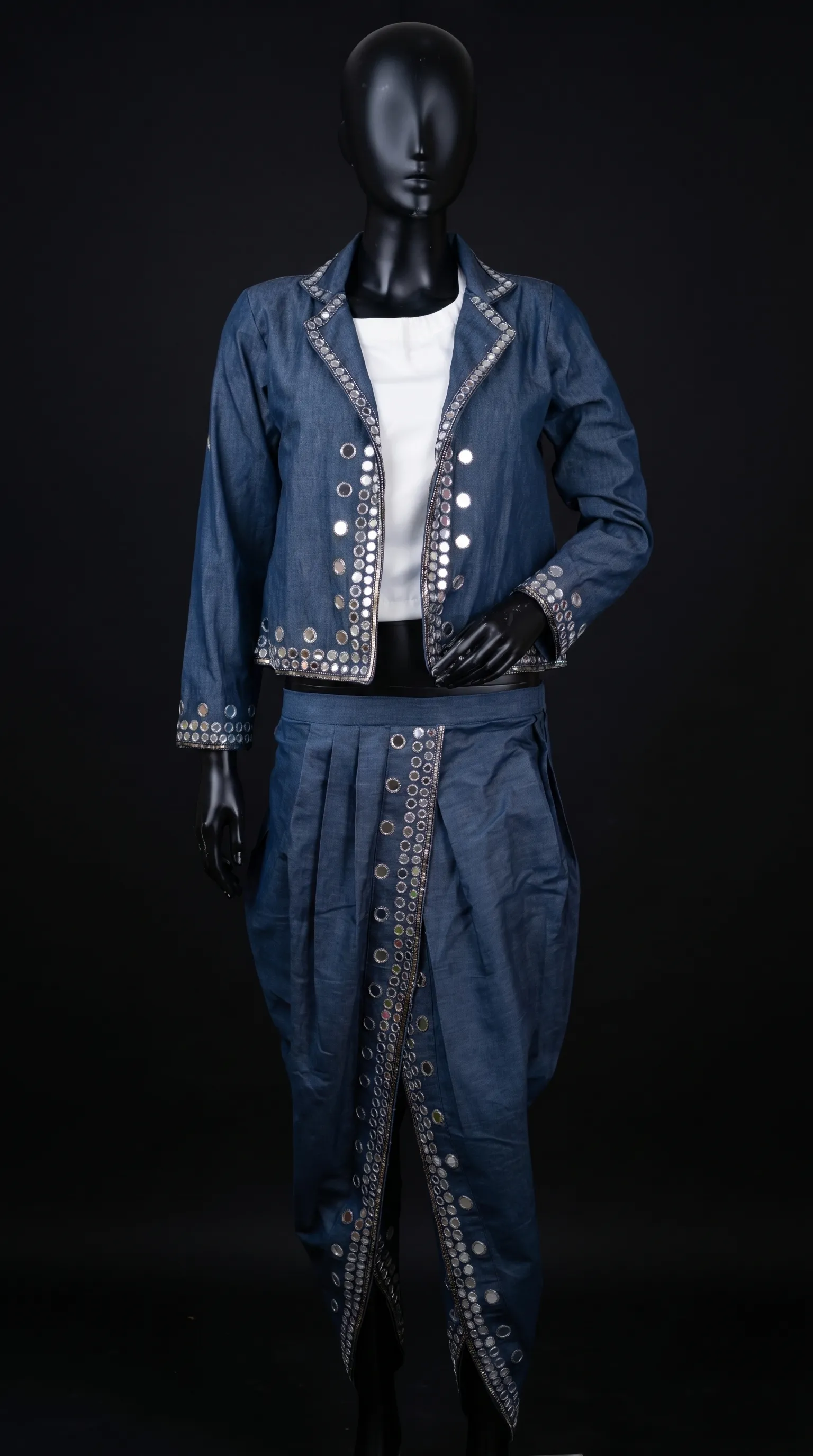 Blue Denim Jacket-Dhoti and Crop top Set