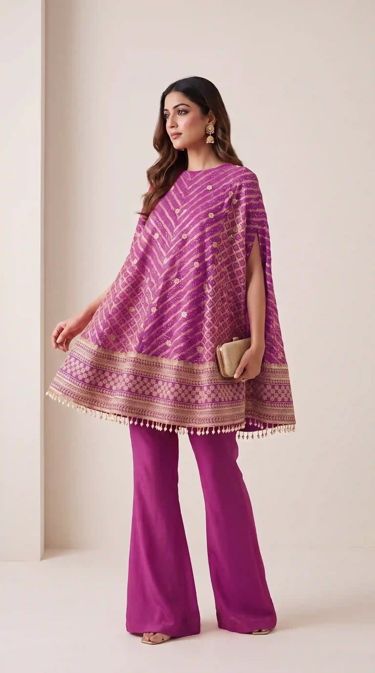 RANGIRA — Purple Bandhani Print Cape Top & Modal Silk Pant Set