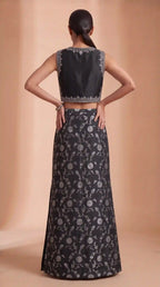 ISHIRA — Black Raw Silk Brocade Column Skirt Set — thumbnail 4
