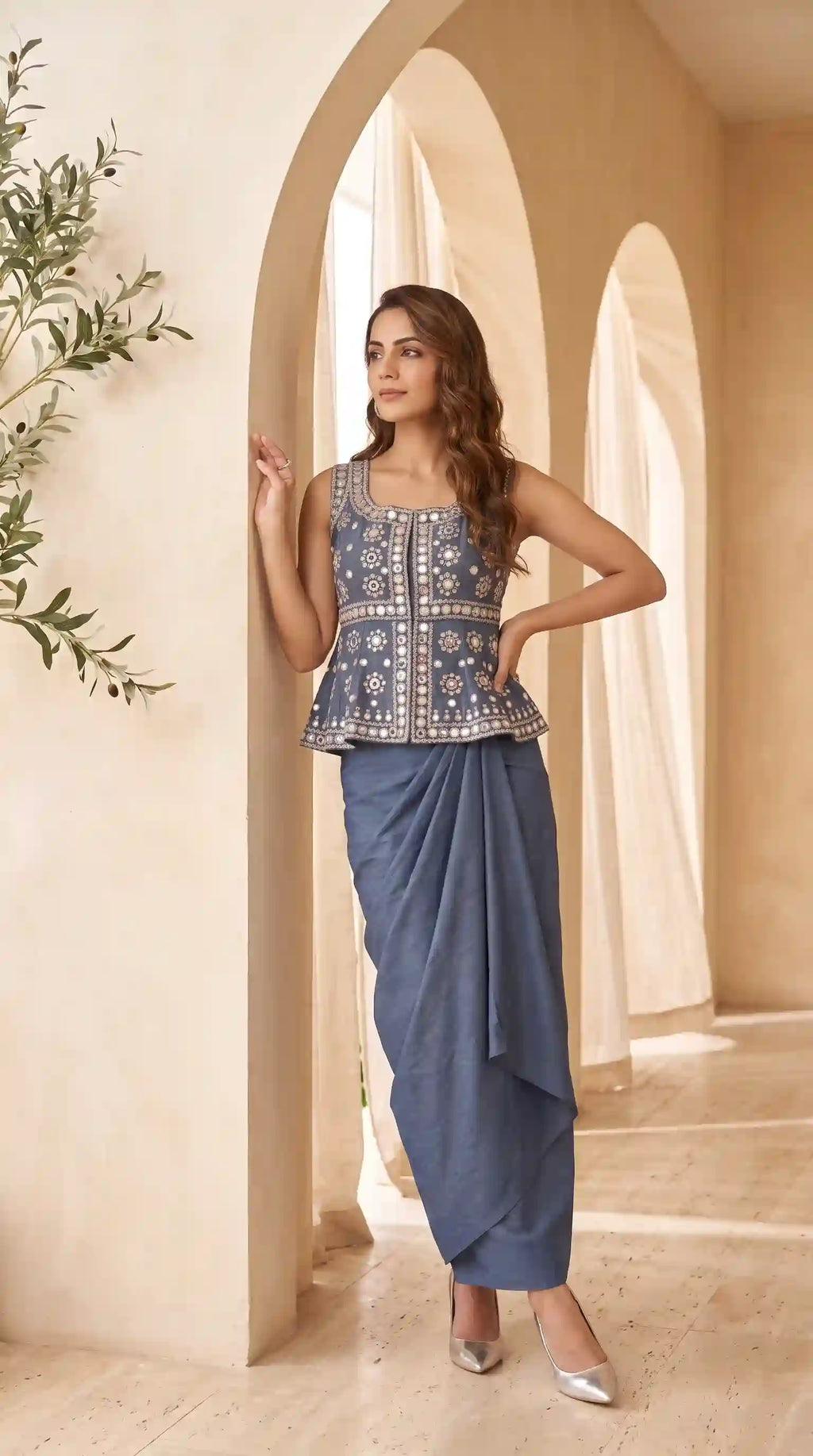 Blue Denim Peplum top Draped Skirt Set