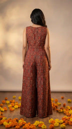 Rust Red Ajrakh Modal Silk Jumpsuit with Embroidery