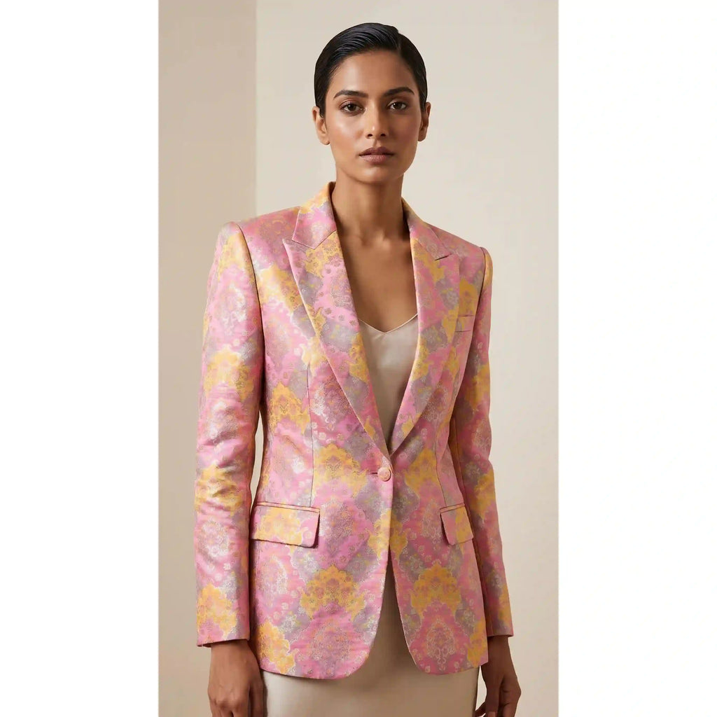 RANGKAT — Rose Pink Banarasi Silk Brocade Blazer