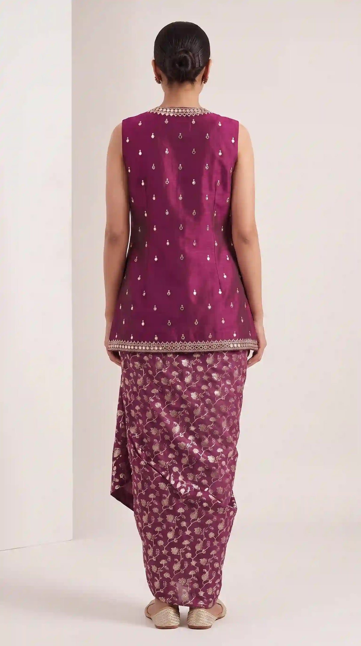 AVIRA — Plum Mirror Work Koti & Brocade Draped Skirt Set