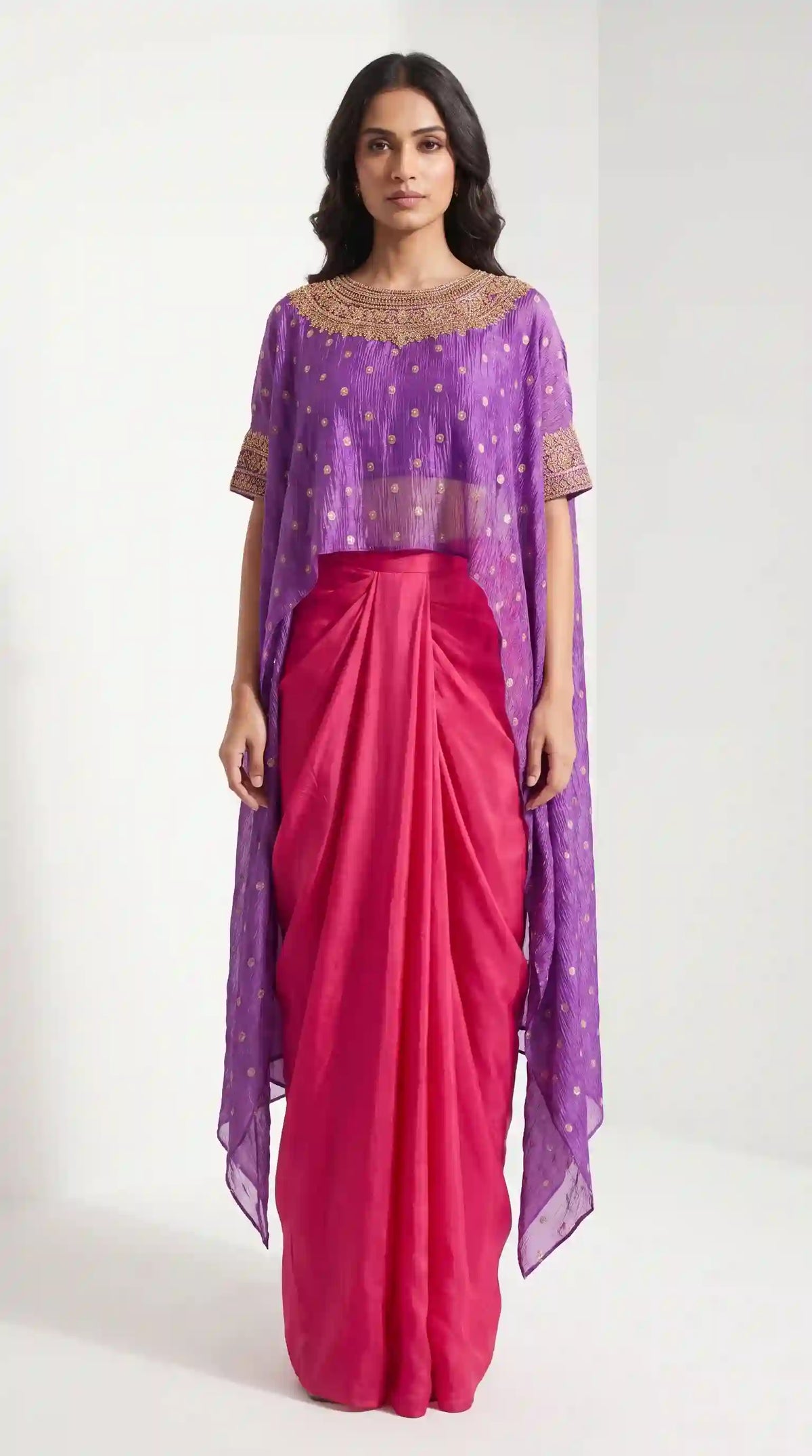 RUHANI — Purple Tissue Silk Zardosi Overlay & Draped Skirt Set