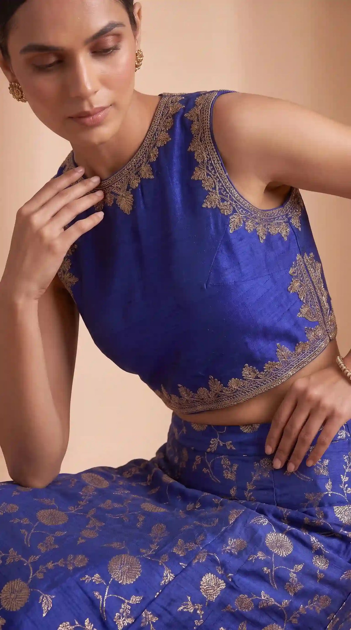 ISHIRA — Royal Blue Raw Silk Brocade Column Skirt Set
