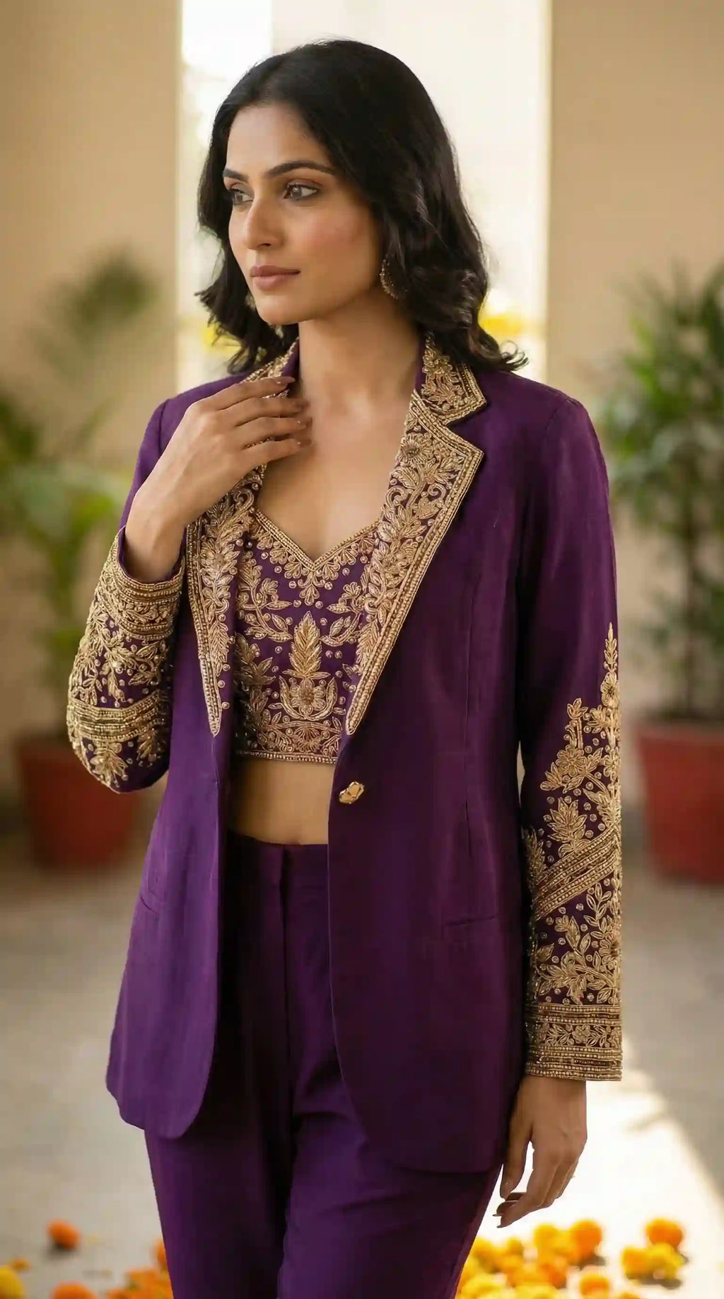 SITARA - Purple Crop Top-Palazzo Pant and Blazer Set