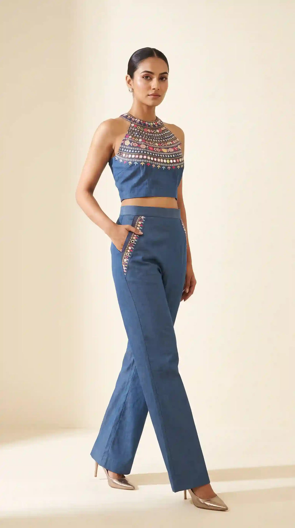 Blue Denim Multicolour Mirror Work Top-Pant Set