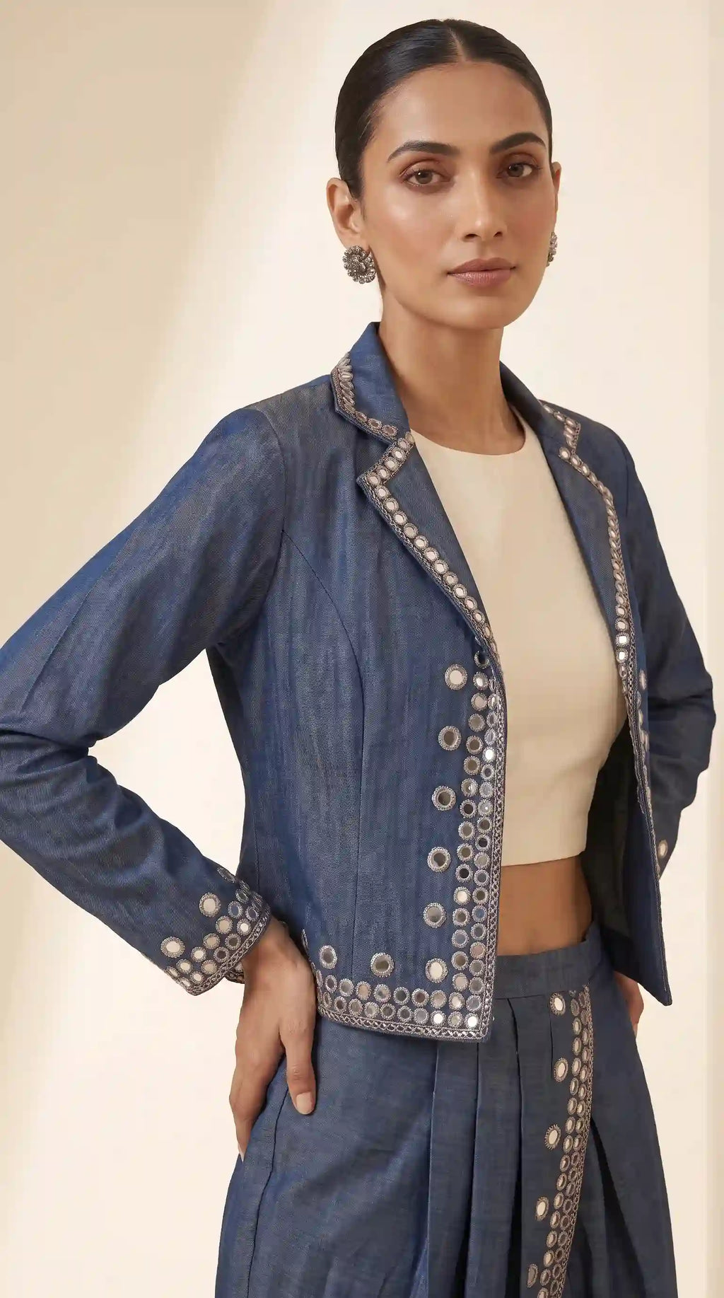 Blue Denim Jacket-Dhoti and Crop top Set