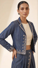 Blue Denim Jacket-Dhoti and Crop top Set