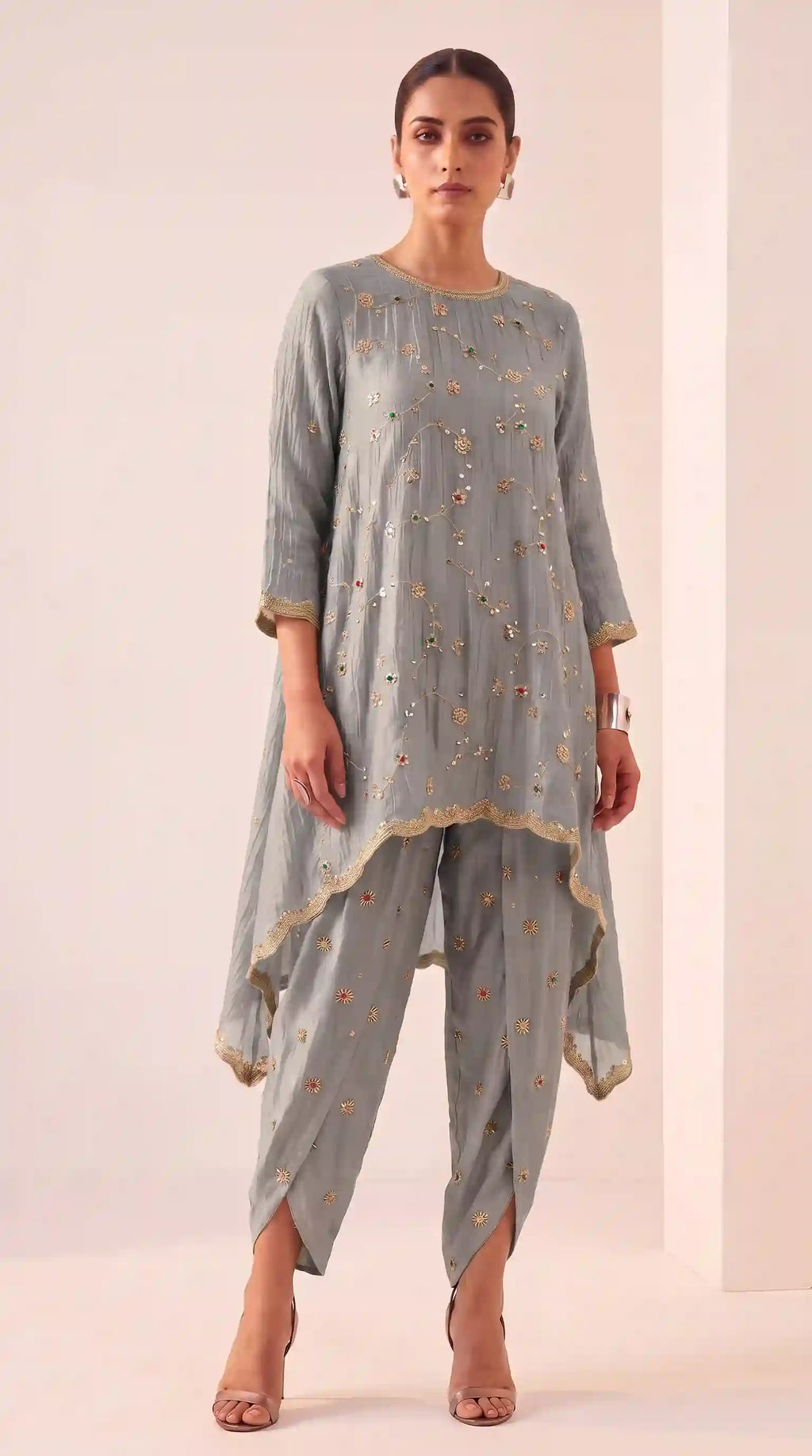 IRAAYA — Silver Grey Crushed Tissue Silk Kurta & Tulip Dhoti Set
