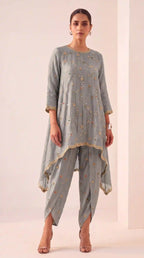 IRAAYA — Silver Grey Crushed Tissue Silk Kurta & Tulip Dhoti Set — thumbnail 3