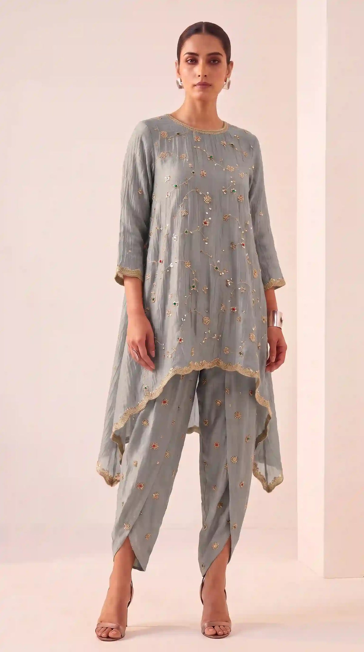 IRAAYA — Silver Grey Crushed Tissue Silk Kurta & Tulip Dhoti Set