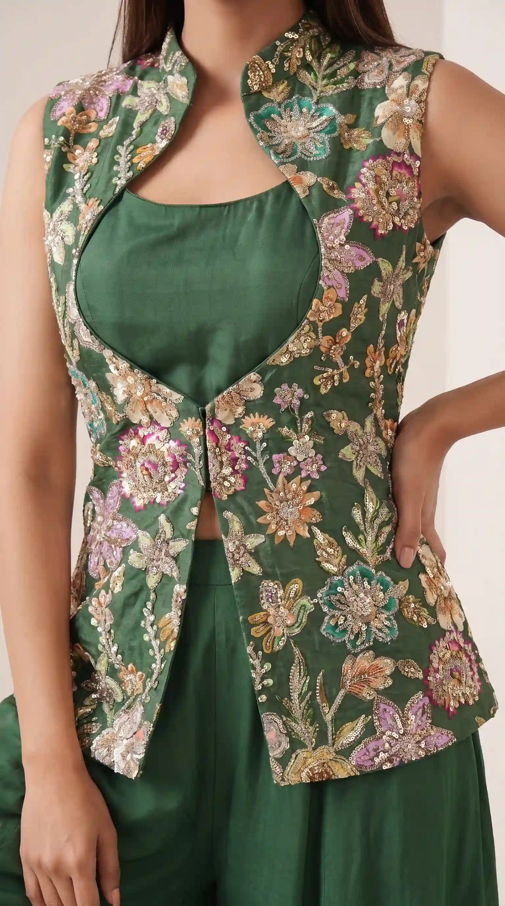 HARIT - Crepe Embroidered Jacket & Modal Silk Blouse-Palazzo Set