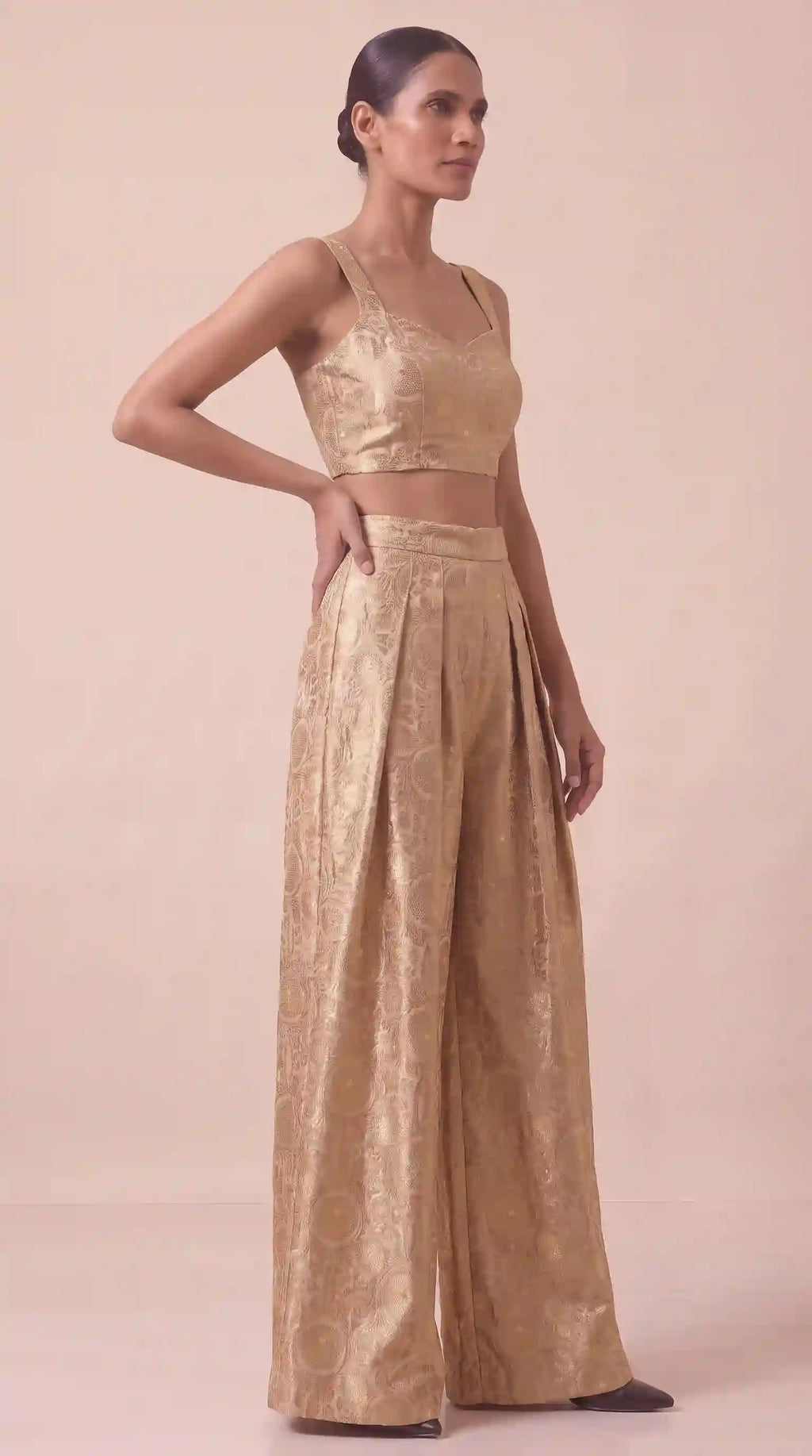 KANIRA — Beige Katan Silk Brocade Jacket, Crop Top & Pant Set